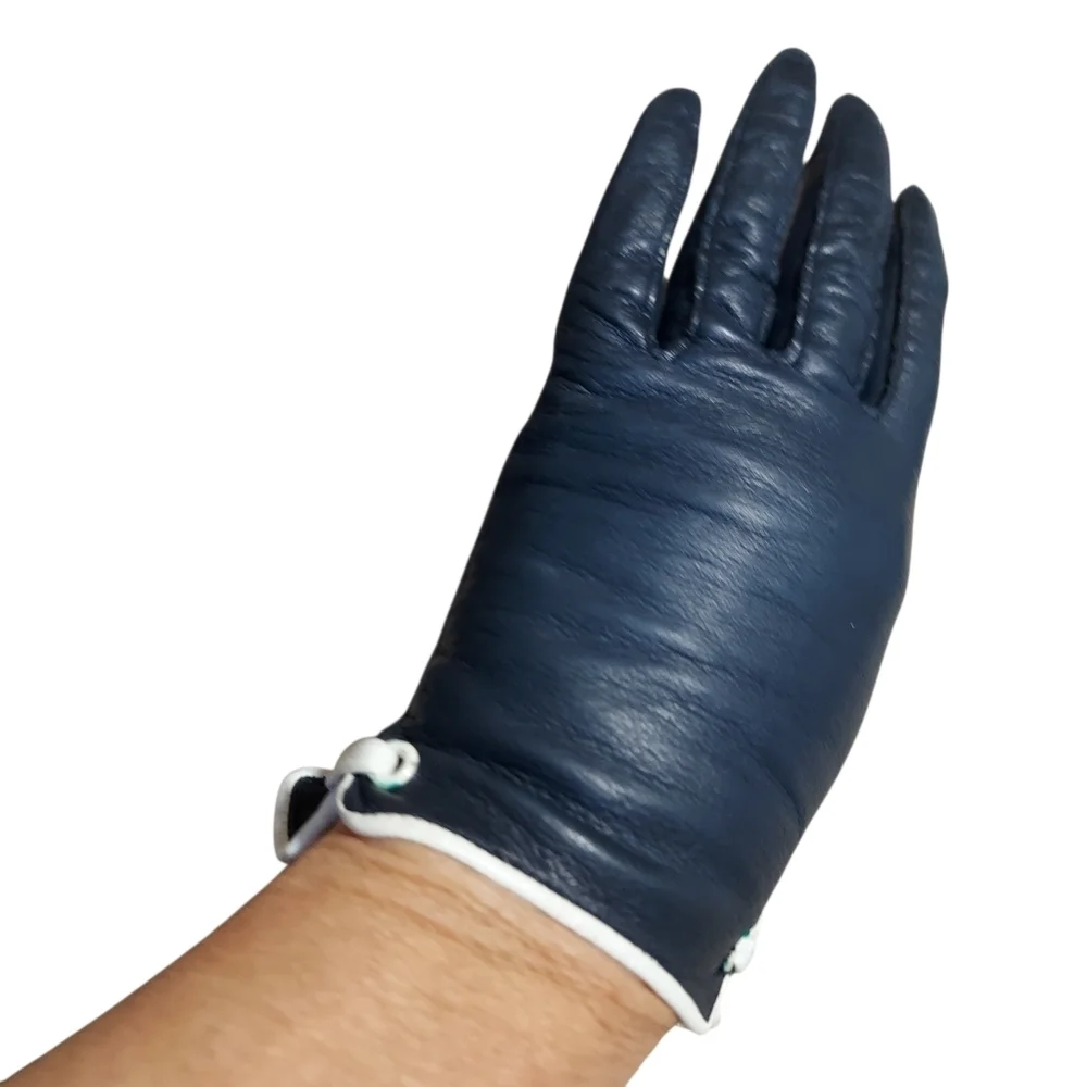 Vintage 50s 60s Navy Blue Leather Driving Gloves White Trim Mod Chic